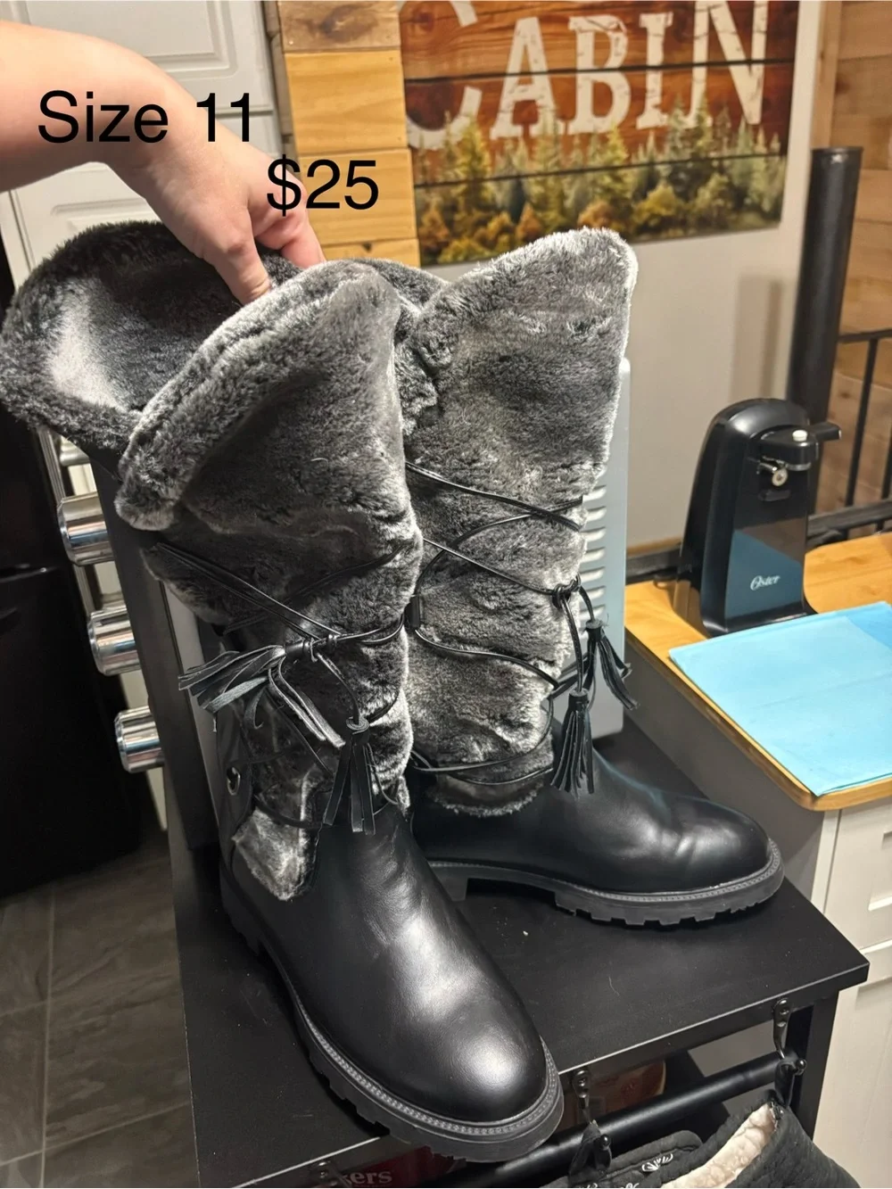 Women’s Black Faux Fur Snow Boots with Tassel Lacing